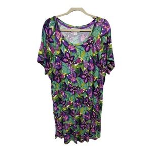 Stan Herman Purple Green Floral Midi Dress Size 2XL Plus Size Short Sleeve